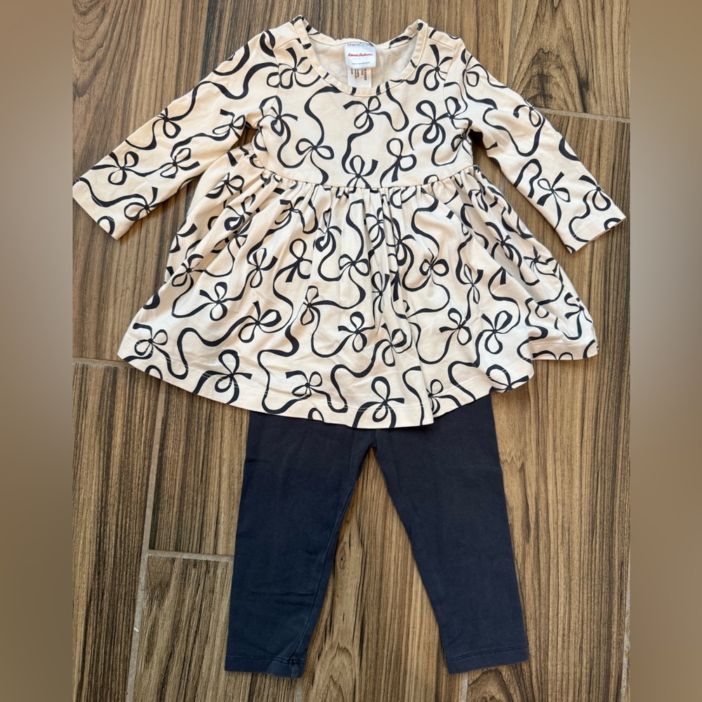 Hanna Andersson Cream Dress and Pants with Black Bow Pattern 12-18MON